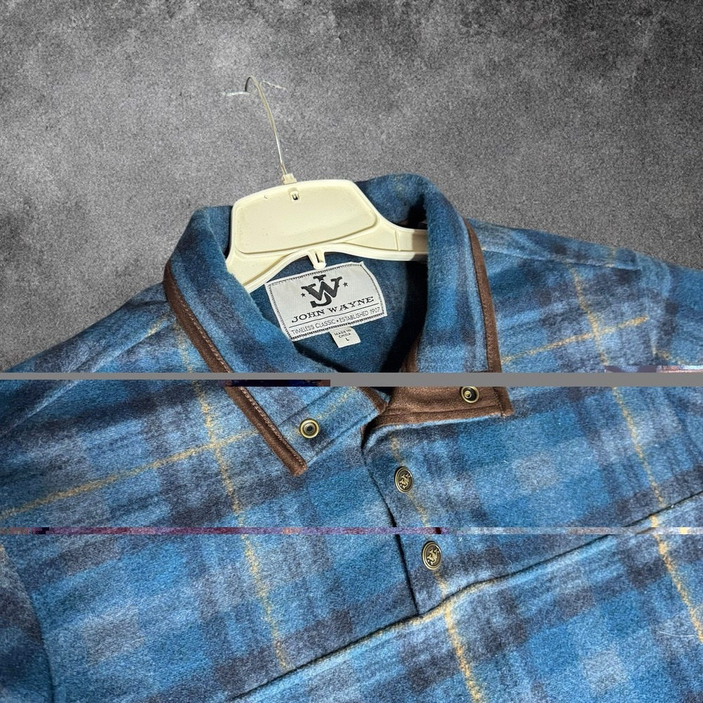 John Wayne Sweater Mens Large Blue Plaid Fleece Mock Neck Western Pullover